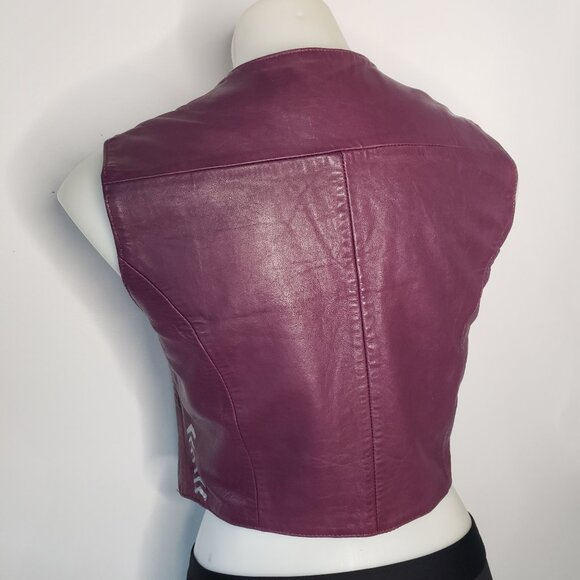 Vintage VTG Purple Leather Vest w Hand Painted Silver Details and Metal Snaps - Picture 6 of 13